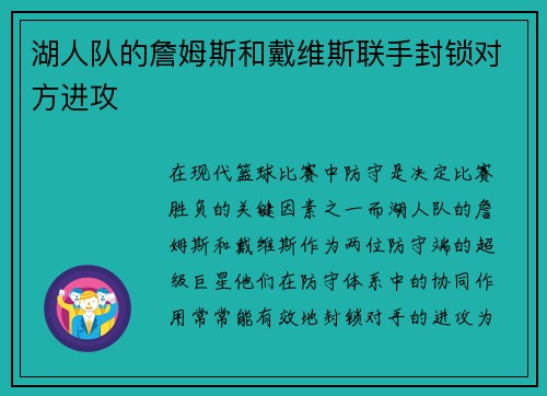 湖人队的詹姆斯和戴维斯联手封锁对方进攻