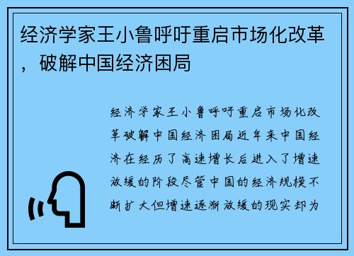 经济学家王小鲁呼吁重启市场化改革，破解中国经济困局